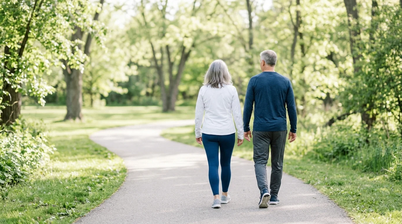 A couple walking together in a sunny park, active wellness lifestyle